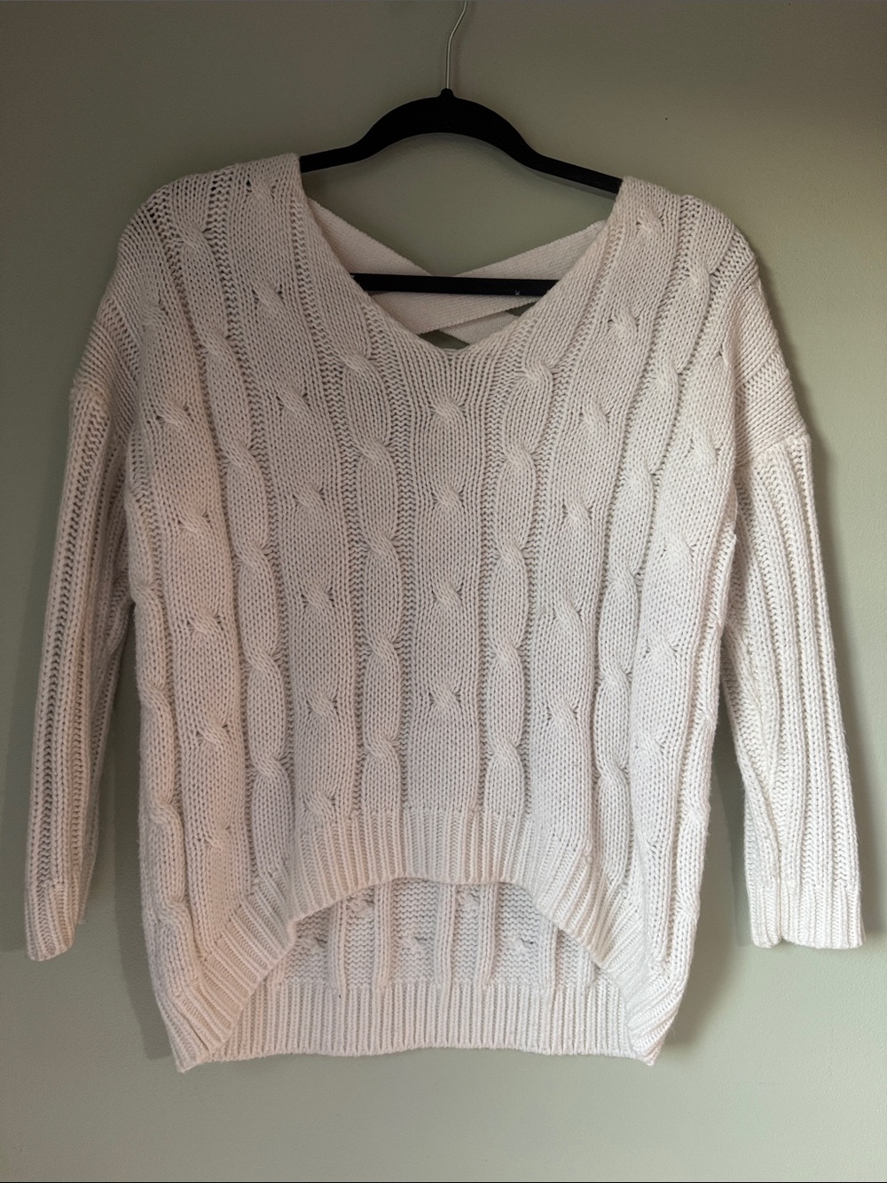 V-Neck Cable Knit Sweater - Criss Cross Back - Cream